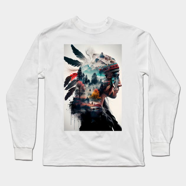 Native American Double Exposure Watercolor Painting Long Sleeve T-Shirt by TortillaChief